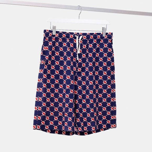 Gucci Navy and Red Monogram Silk Shorts - Picture 1 of 16
